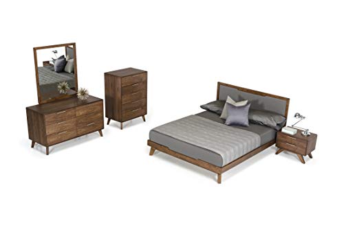 Limari Home Maurice Collection Bedroom Mid-Century Veneer Finished & Fabric Upholstered Bed, California King, Gray, Walnut