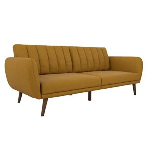 novogratz brittany sofa futon – premium upholstery and wooden legs – mustard