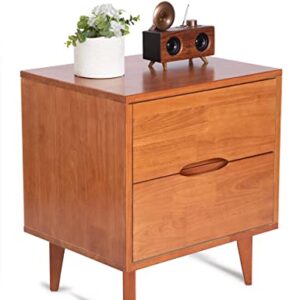 Mid Century Modern Grooved Handle Wood Nightstands Side Table Bedroom Storage Drawer and Shelf Bedside End Table, 2 Drawer (Caramel)