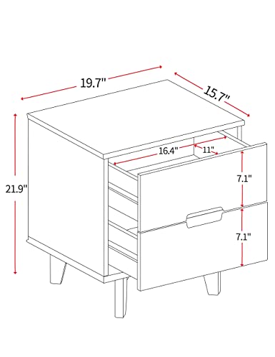 Mid Century Modern Grooved Handle Wood Nightstands Side Table Bedroom Storage Drawer and Shelf Bedside End Table, 2 Drawer (Caramel)
