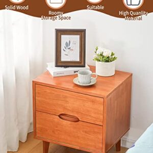 Mid Century Modern Grooved Handle Wood Nightstands Side Table Bedroom Storage Drawer and Shelf Bedside End Table, 2 Drawer (Caramel)