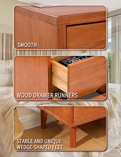 Mid Century Modern Grooved Handle Wood Nightstands Side Table Bedroom Storage Drawer and Shelf Bedside End Table, 2 Drawer (Caramel)