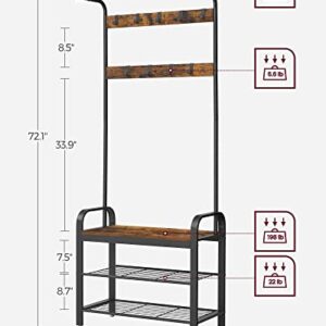 VASAGLE Coat Rack, Hall Tree with Shoe Bench for Entryway, Entryway Bench with Coat Rack, 4-in-1, with 9 Removable Hooks, a Hanging Rod, 13.3 x 28.3 x 72.1 Inches, Rustic Brown and Black UHSR40B