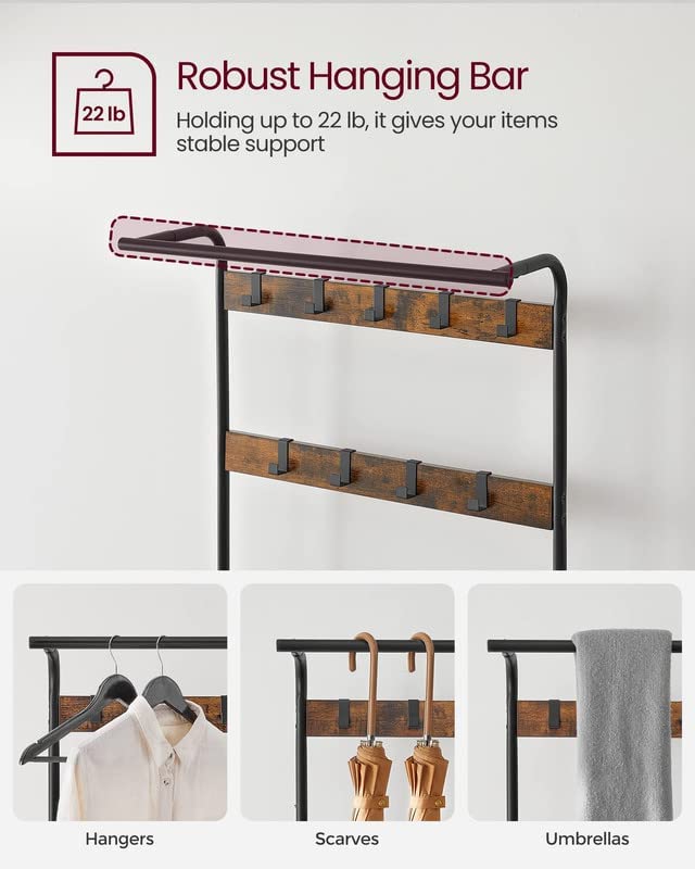 VASAGLE Coat Rack, Hall Tree with Shoe Bench for Entryway, Entryway Bench with Coat Rack, 4-in-1, with 9 Removable Hooks, a Hanging Rod, 13.3 x 28.3 x 72.1 Inches, Rustic Brown and Black UHSR40B