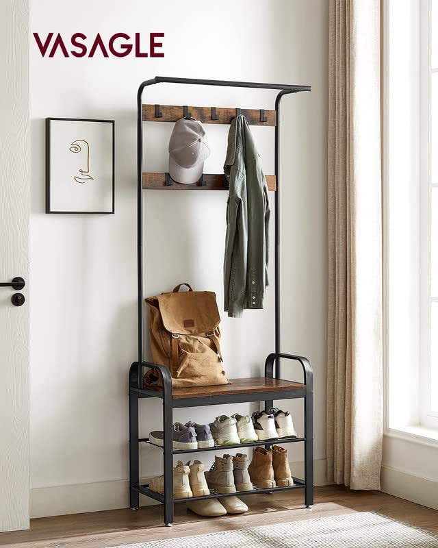 VASAGLE Coat Rack, Hall Tree with Shoe Bench for Entryway, Entryway Bench with Coat Rack, 4-in-1, with 9 Removable Hooks, a Hanging Rod, 13.3 x 28.3 x 72.1 Inches, Rustic Brown and Black UHSR40B