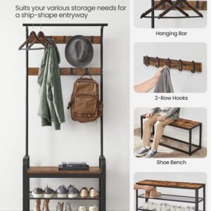 VASAGLE Coat Rack, Hall Tree with Shoe Bench for Entryway, Entryway Bench with Coat Rack, 4-in-1, with 9 Removable Hooks, a Hanging Rod, 13.3 x 28.3 x 72.1 Inches, Rustic Brown and Black UHSR40B