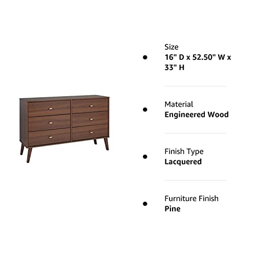 Prepac Milo Mid-Century 6 Drawer Dresser For Bedroom, 16" D x 52.50" W x 33" H, Cherry