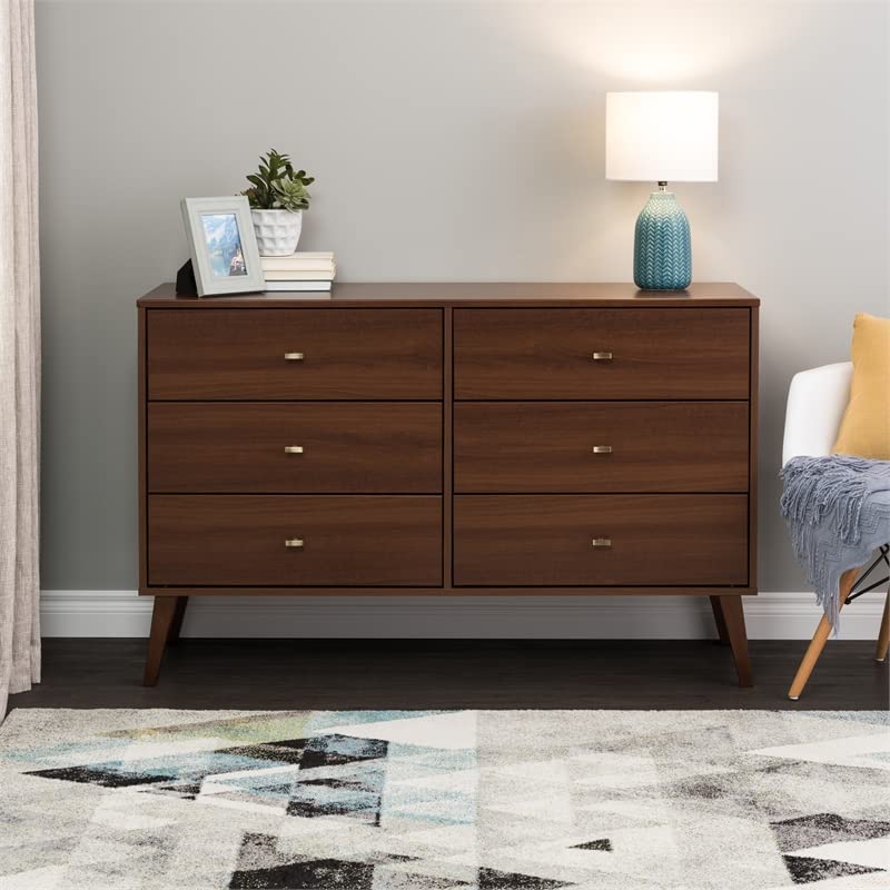 Prepac Milo Mid-Century 6 Drawer Dresser For Bedroom, 16" D x 52.50" W x 33" H, Cherry