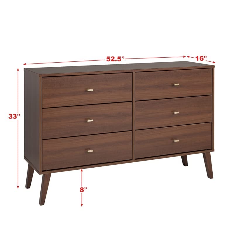 Prepac Milo Mid-Century 6 Drawer Dresser For Bedroom, 16" D x 52.50" W x 33" H, Cherry