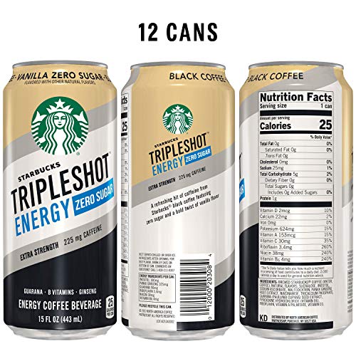 Starbucks Tripleshot Energy Extra Strength Espresso Coffee Beverage, Vanilla, Zero Sugar, 225mg Caffeine, 15oz cans (12 Pack)