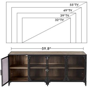 EROMMY TV Stand, 60 inch Mid Century Modern TV Console with 4 Door Metal Mesh, Retro TV Stand in Living Room, Entertainment Room, Office, 4 Door