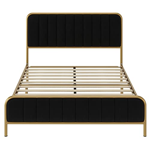 HITHOS Queen Size Bed Frame, Upholstered Bed Frame with Button Tufted Headboard, Heavy Duty Metal Mattress Foundation with Wooden Slats, Easy Assembly, No Box Spring Needed (Golden/Black, Queen)