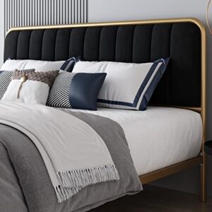 HITHOS Queen Size Bed Frame, Upholstered Bed Frame with Button Tufted Headboard, Heavy Duty Metal Mattress Foundation with Wooden Slats, Easy Assembly, No Box Spring Needed (Golden/Black, Queen)