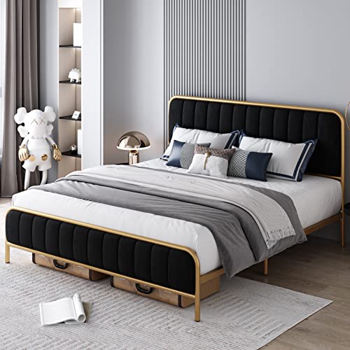 HITHOS Queen Size Bed Frame, Upholstered Bed Frame with Button Tufted Headboard, Heavy Duty Metal Mattress Foundation with Wooden Slats, Easy Assembly, No Box Spring Needed (Golden/Black, Queen)