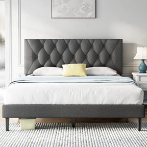 molblly queen size platform bed frame with adjustable headboard, linen fabric wrap, strong frame and wooden slats support, no box spring needed, non-slip and noise-free, easy assembly, dark grey