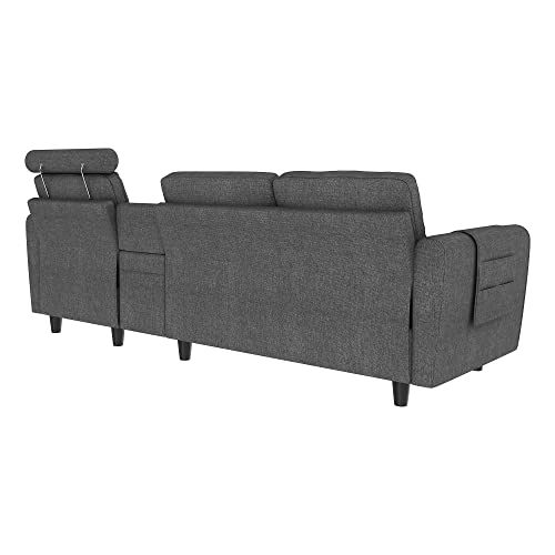 HONBAY Reversible Sectional Sofa Couch Modern Upholstered L Shaped Sofa with Cup Holders & Storage Console, Left or Right Side Chaise Sectional Sofa for Living Room Office, Grey