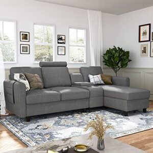 honbay reversible sectional sofa couch modern upholstered l shaped sofa with cup holders & storage console, left or right side chaise sectional sofa for living room office, grey