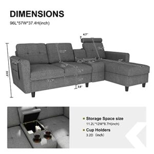 HONBAY Reversible Sectional Sofa Couch Modern Upholstered L Shaped Sofa with Cup Holders & Storage Console, Left or Right Side Chaise Sectional Sofa for Living Room Office, Grey