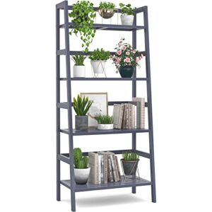 homykic ladder bookshelf, 4-tier bamboo shelf 49.2” open bookcase freestanding bathroom storage rack plant stand for living room, bedroom, office, easy assembly, blue grey