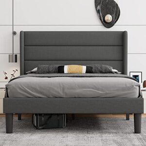 ipormis queen upholstered bed frame with wingback, platform bed frame with storage headboard, wood slats support, no box spring needed, noise-free, easy assembly, dark gray