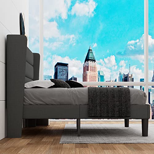 iPormis Queen Upholstered Bed Frame with Wingback, Platform Bed Frame with Storage Headboard, Wood Slats Support, No Box Spring Needed, Noise-Free, Easy Assembly, Dark Gray