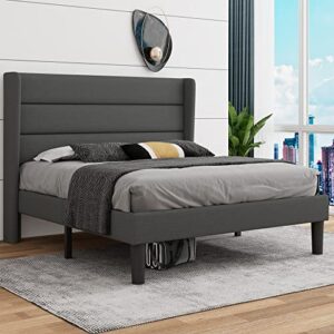 iPormis Queen Upholstered Bed Frame with Wingback, Platform Bed Frame with Storage Headboard, Wood Slats Support, No Box Spring Needed, Noise-Free, Easy Assembly, Dark Gray