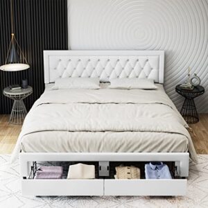 Queen Bed Frame with 2 Storage Drawers, Leather Upholstered Platform Bed Frame with Button Tufted Headboard, Wooden Slats and Adjustable Headboard Mattress Foundation, No Box Spring Needed, White