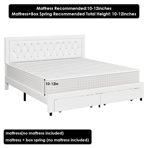 Queen Bed Frame with 2 Storage Drawers, Leather Upholstered Platform Bed Frame with Button Tufted Headboard, Wooden Slats and Adjustable Headboard Mattress Foundation, No Box Spring Needed, White