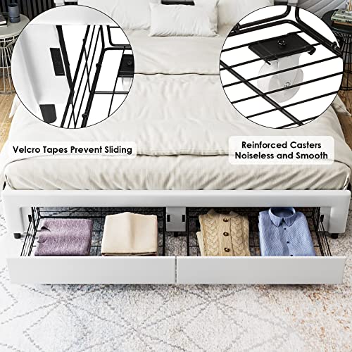 Queen Bed Frame with 2 Storage Drawers, Leather Upholstered Platform Bed Frame with Button Tufted Headboard, Wooden Slats and Adjustable Headboard Mattress Foundation, No Box Spring Needed, White