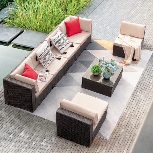 Devoko 7 Pieces Outdoor Sectional Sofa Patio Furniture Sets Manual Weaving Wicker Rattan Patio Conversation Sets with Cushion and Glass Table (Beige)