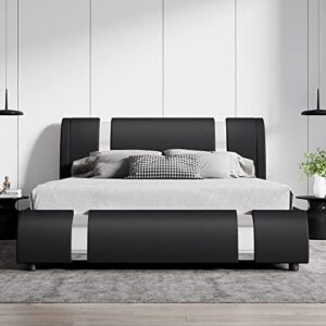 SHA CERLIN Bed Frame Queen Size with Iron Pieces Decor and Adjustable Headboard/Modern Faux Leather Deluxe Upholstered Platform Bed with Solid Wooden Slats Support/No Box Spring Needed, Black