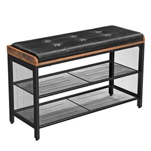 vasagle padded storage bench with mesh shelf, shoe rack, metal frame, easy assembly, space saving, imitation leather, 31.5”l x 11.8”w x 18.9”h (80 x 30 x 48 cm), rustic brown