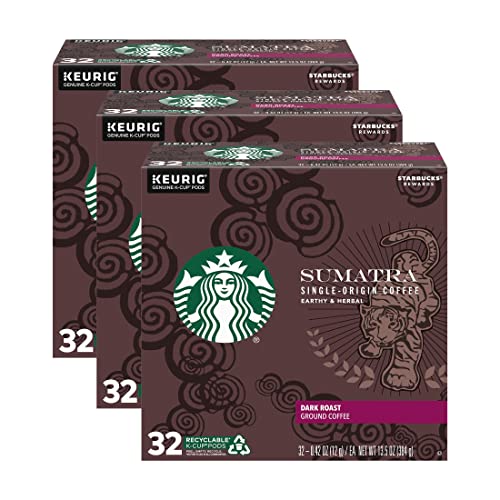 Starbucks Coffee K-Cup Pods, Sumatra Single-Origin Coffee, Dark Roast Ground Coffee, Keurig Genuine K-Cup Pods, 32 CT K-Cup Pods Per Box (Pack of 3)