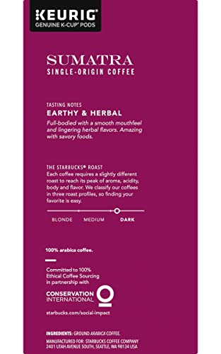 Starbucks Coffee K-Cup Pods, Sumatra Single-Origin Coffee, Dark Roast Ground Coffee, Keurig Genuine K-Cup Pods, 32 CT K-Cup Pods Per Box (Pack of 3)