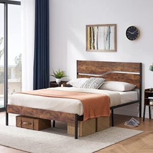 vecelo full size platform bed frame with rustic vintage wood headboard, strong metal slats support mattress foundation, no box spring needed
