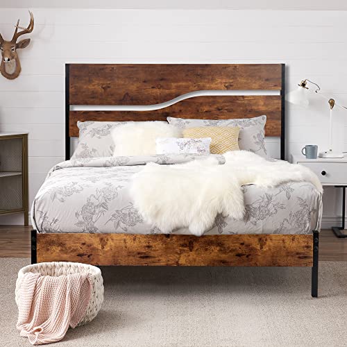 VECELO Full Size Platform Bed Frame with Rustic Vintage Wood Headboard, Strong Metal Slats Support Mattress Foundation, No Box Spring Needed