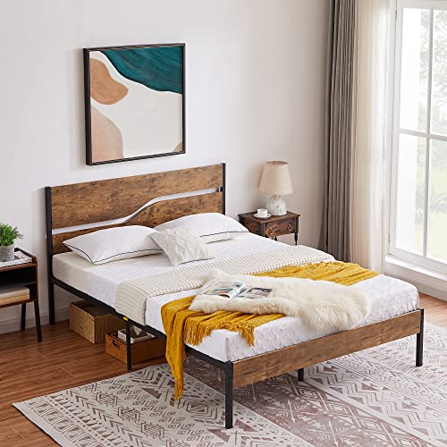 VECELO Full Size Platform Bed Frame with Rustic Vintage Wood Headboard, Strong Metal Slats Support Mattress Foundation, No Box Spring Needed