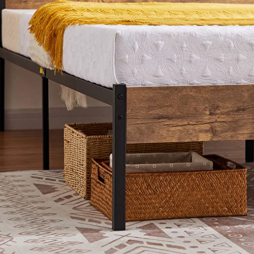 VECELO Full Size Platform Bed Frame with Rustic Vintage Wood Headboard, Strong Metal Slats Support Mattress Foundation, No Box Spring Needed