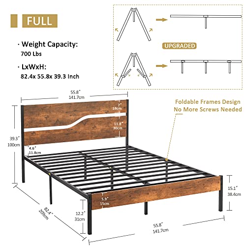 VECELO Full Size Platform Bed Frame with Rustic Vintage Wood Headboard, Strong Metal Slats Support Mattress Foundation, No Box Spring Needed