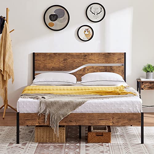 VECELO Full Size Platform Bed Frame with Rustic Vintage Wood Headboard, Strong Metal Slats Support Mattress Foundation, No Box Spring Needed