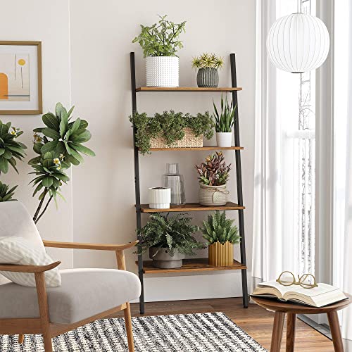 VASAGLE ALINRU Ladder Shelf, 4-Tier Bookshelf, Storage Rack Shelves, for Living Room, Kitchen, Office, Steel, Stable, Sloping, Leaning Against The Wall, Industrial, Rustic Brown and Black ULLS43BX