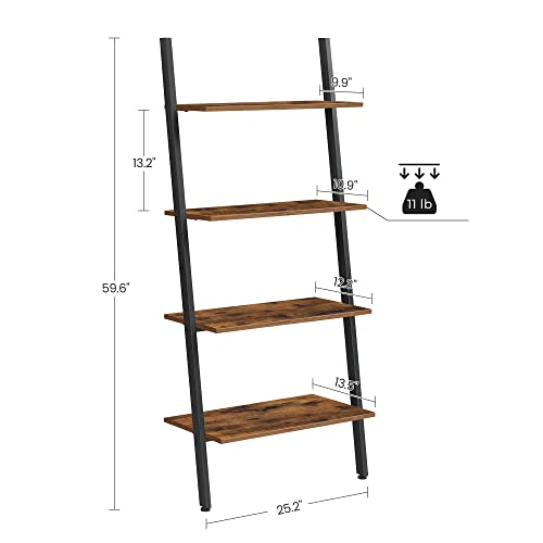 VASAGLE ALINRU Ladder Shelf, 4-Tier Bookshelf, Storage Rack Shelves, for Living Room, Kitchen, Office, Steel, Stable, Sloping, Leaning Against The Wall, Industrial, Rustic Brown and Black ULLS43BX