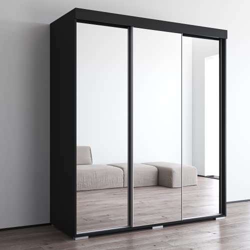 Aria 3 Door 71" Wardrobe (Black with All Mirror)