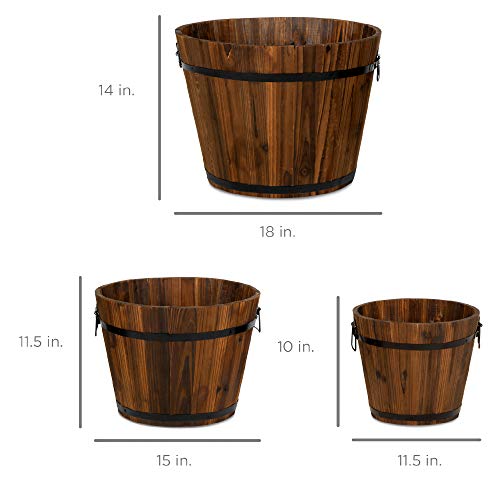 Best Choice Products Set of 3 Wooden Bucket Barrel Garden Planters Set Rustic Decorative Flower Beds for Plants, Herbs, Veggies w/Drainage Holes, Multiple Sizes, Indoor Outdoor Use