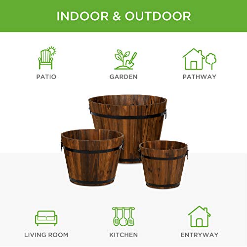 Best Choice Products Set of 3 Wooden Bucket Barrel Garden Planters Set Rustic Decorative Flower Beds for Plants, Herbs, Veggies w/Drainage Holes, Multiple Sizes, Indoor Outdoor Use