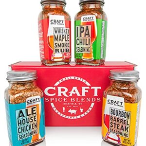 Craft Spice Blends Gift Set (Grilling Seasonings & Rubs, Gifts for Men & Women) - Includes Whiskey Maple Smoke Rub, Ale House Chicken Seasoning, Bourbon Barrel Steak Seasoning, and IPA Chili Seasoning - Gift for Dad or Mom