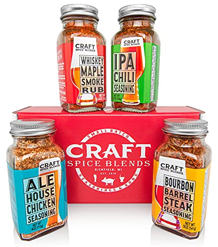 Craft Spice Blends Gift Set (Grilling Seasonings & Rubs, Gifts for Men & Women) - Includes Whiskey Maple Smoke Rub, Ale House Chicken Seasoning, Bourbon Barrel Steak Seasoning, and IPA Chili Seasoning - Gift for Dad or Mom