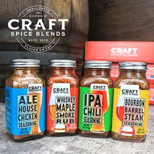 Craft Spice Blends Gift Set (Grilling Seasonings & Rubs, Gifts for Men & Women) - Includes Whiskey Maple Smoke Rub, Ale House Chicken Seasoning, Bourbon Barrel Steak Seasoning, and IPA Chili Seasoning - Gift for Dad or Mom
