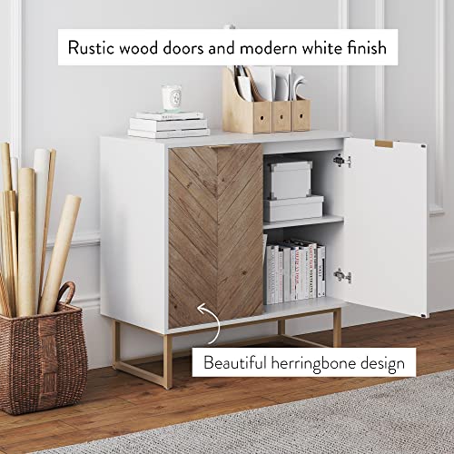 Nathan James Enloe Modern Storage, Free Standing Accent Cabinet with Doors in a Rustic Fir Wood Finish Powder-coated Metal Base for Hallway, Entryway or Living Room, White/Gold