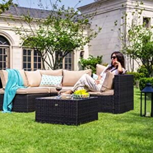 NATURAL EXPRESSIONS 5 Piece Wicker Patio Sectional Furniture Sets Outdoor Sofa Rattan Couch,All Weather Conversation Set with Tempered Glass Coffee Table and Cushions,Deck, Poolside,Backyard Porch